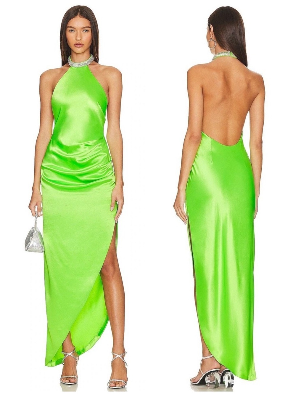 Retrofete Maria Lime Punch Satin Jeweled Neckline Halter Maxi Dress NWT $475